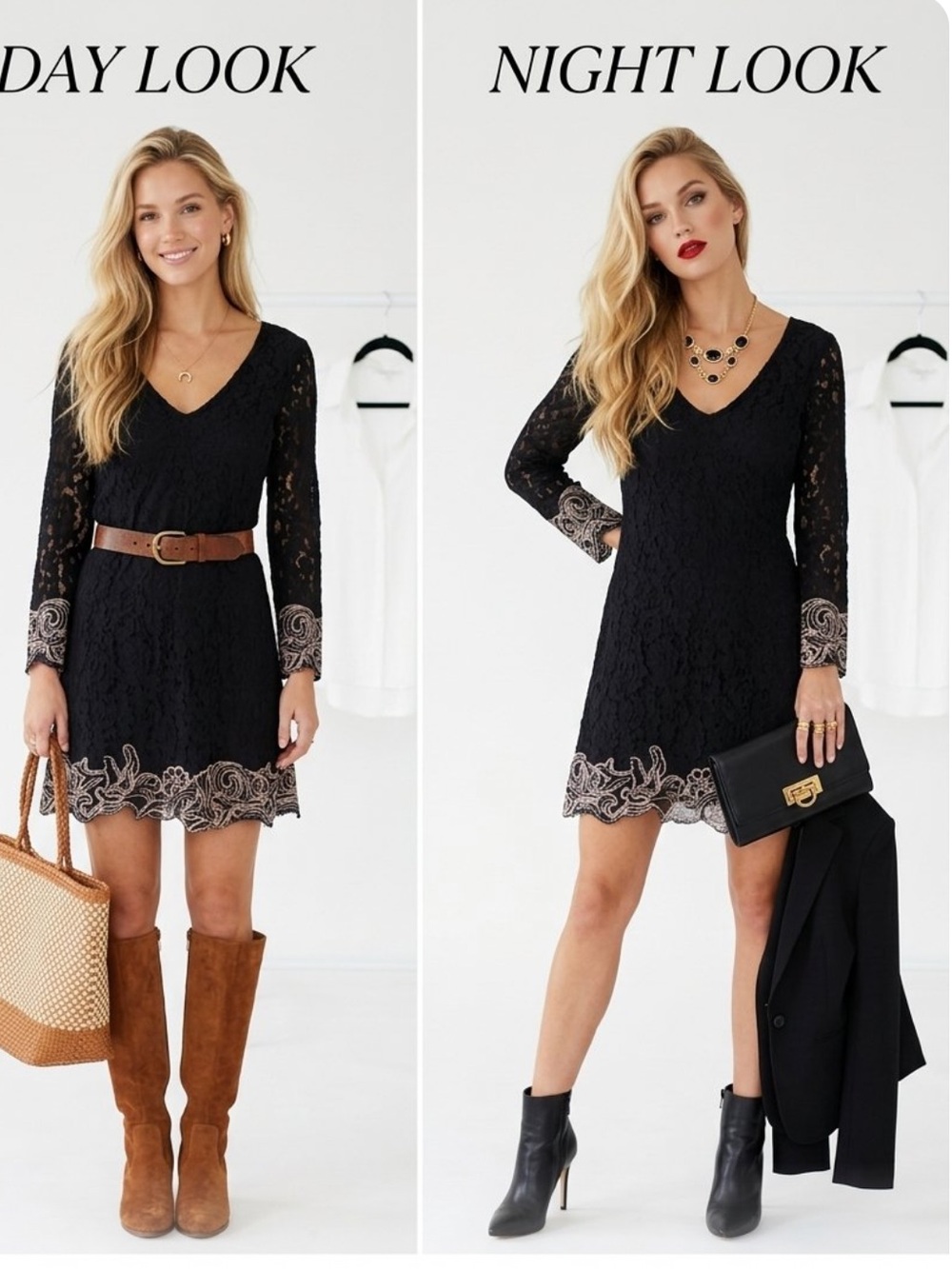 Free People Peony Black Lace Long Sleeve Dress with Blush Trim